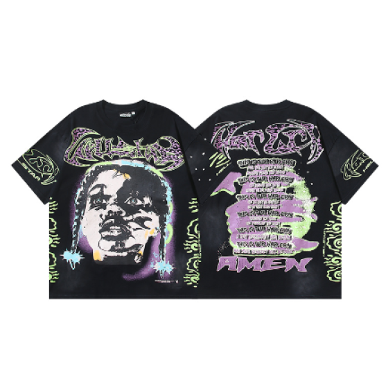 Hellstar Washed Retro Trendy Print Short-Sleeve T-Shirt